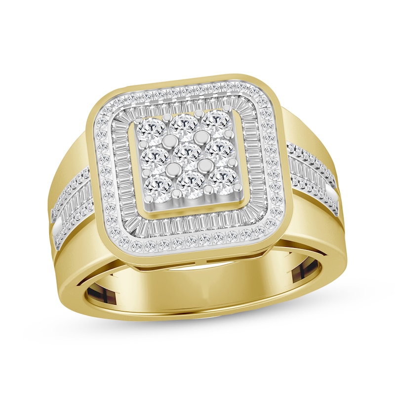 Main Image 1 of Men's Baguette & Round-Cut Multi-Diamond Cushion Halo Ring 1 ct tw 10K Yellow Gold