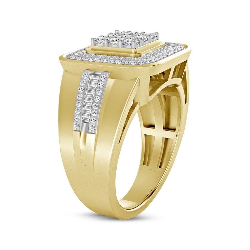 Main Image 2 of Men's Baguette & Round-Cut Multi-Diamond Cushion Halo Ring 1 ct tw 10K Yellow Gold