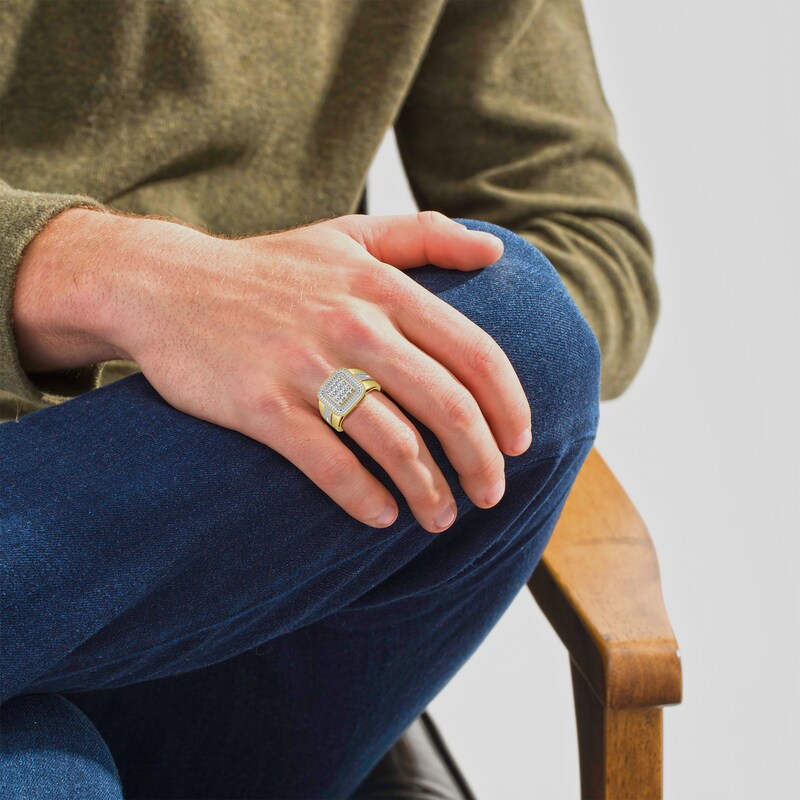 Main Image 3 of Men's Baguette & Round-Cut Multi-Diamond Cushion Halo Ring 1 ct tw 10K Yellow Gold