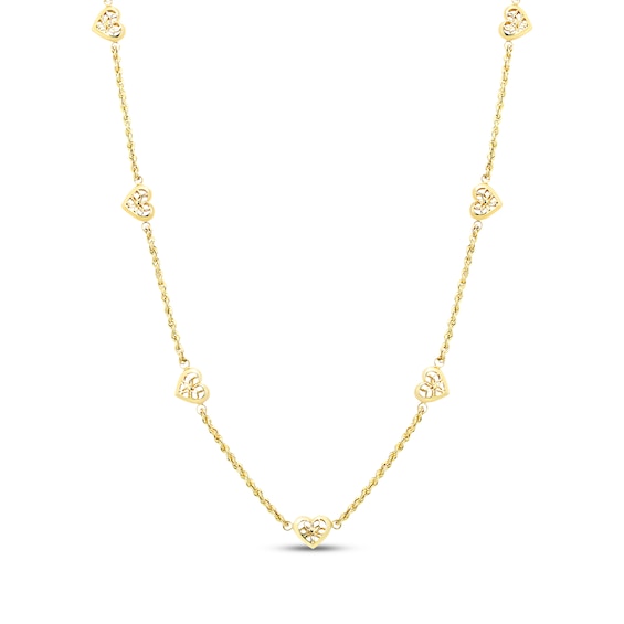 Openwork Heart Station Rope Chain Necklace Hollow 10K Yellow Gold 18"