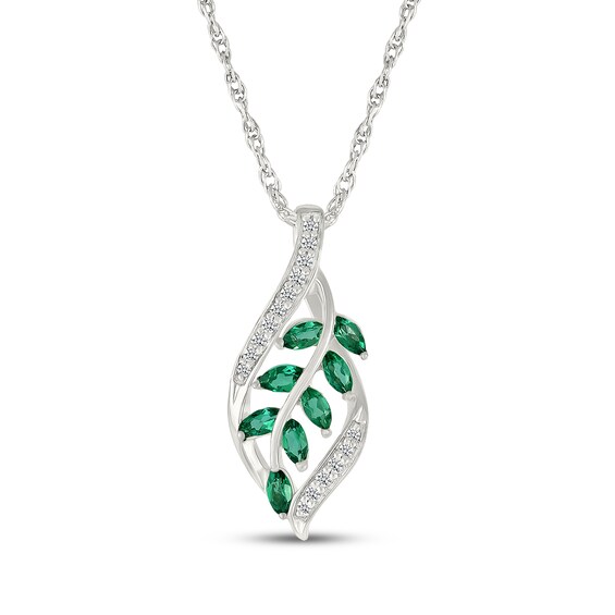 Marquise-Cut Lab-Created Emerald & White Lab-Created Sapphire Leaf Necklace Sterling Silver 18"