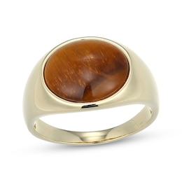 Men's Oval-Cut Tiger's Eye Quartz Signet Ring 10K Yellow Gold