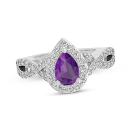 Pear-Shaped Amethyst & White Lab-Created Sapphire Halo Ring Sterling Silver