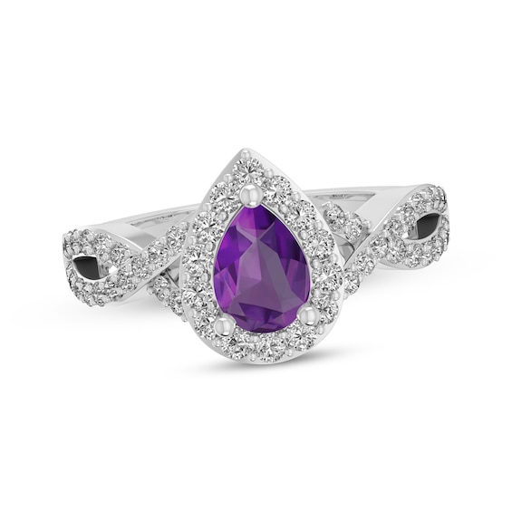 Pear-Shaped Amethyst & White Lab-Created Sapphire Halo Ring Sterling Silver