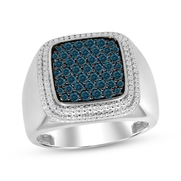 Men's Blue & White Diamond Signet-Style Ring 1 ct tw Sterling Silver