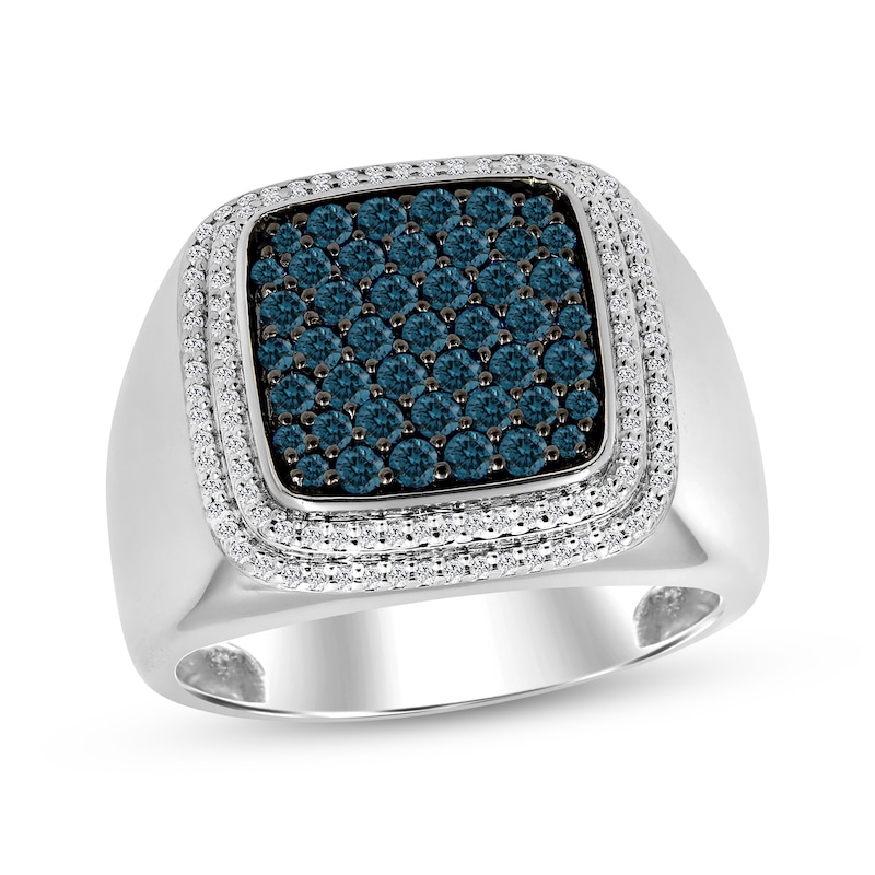 Main Image 1 of Men's Blue & White Diamond Signet-Style Ring 1 ct tw Sterling Silver
