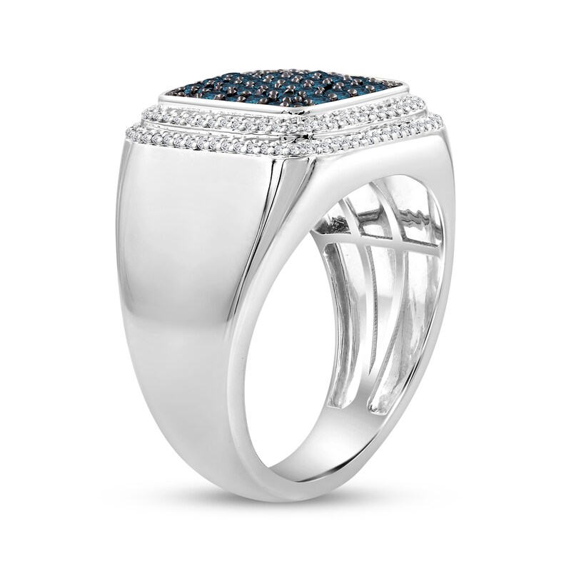 Main Image 2 of Men's Blue & White Diamond Signet-Style Ring 1 ct tw Sterling Silver