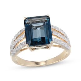 Emerald-Cut London Blue Topaz & Diamond Ring 1/3 ct tw 10K Yellow Gold