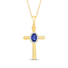 Oval-Cut Blue Lab-Created Sapphire & White Lab-Created Sapphire Cross Necklace 24K Yellow Gold Vermeil Sterling Silver 18"