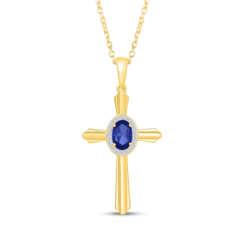Main Image 1 of Oval-Cut Blue Lab-Created Sapphire & White Lab-Created Sapphire Cross Necklace 24K Yellow Gold Vermeil Sterling Silver 18"