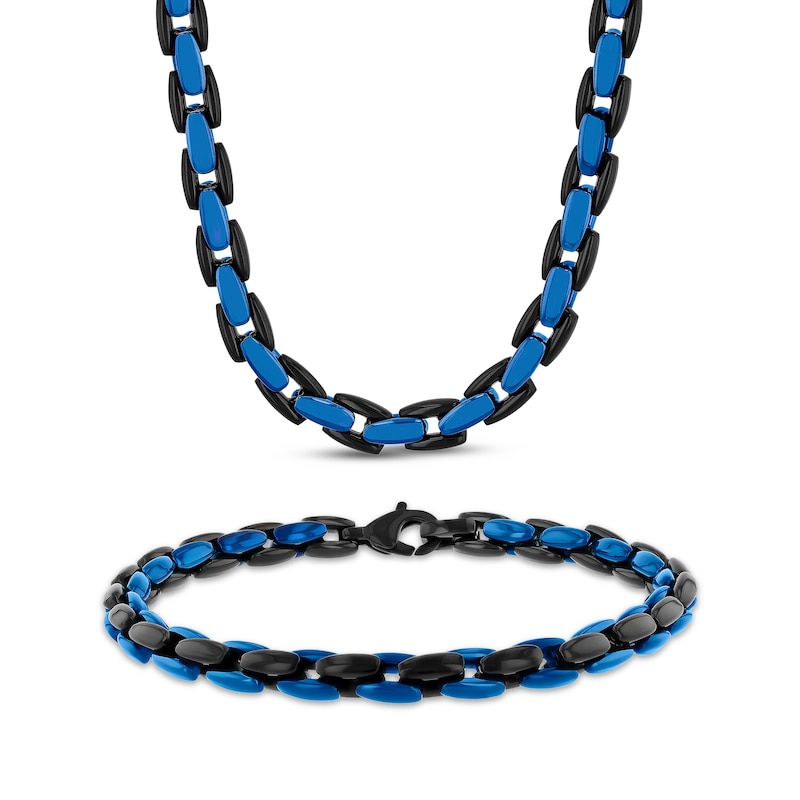 Main Image 1 of 6mm Rounded H-Link Chain Necklace & Bracelet Set Black & Blue Ion-Plated Stainless Steel