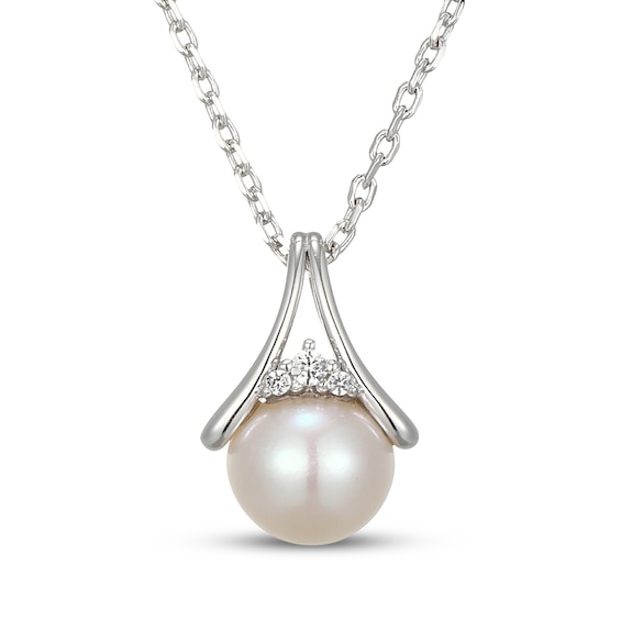 Cultured Pearl & White Lab-Created Sapphire Necklace Sterling Silver 18"