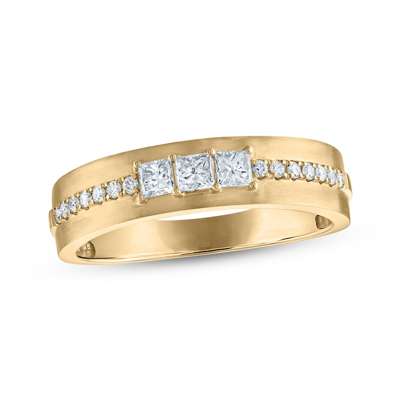 Main Image 1 of Now + Forever Men's Square-Cut Diamond Three-Stone Wedding Band 1/2 ct tw 10K Yellow Gold