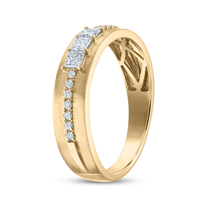Main Image 2 of Now + Forever Men's Square-Cut Diamond Three-Stone Wedding Band 1/2 ct tw 10K Yellow Gold