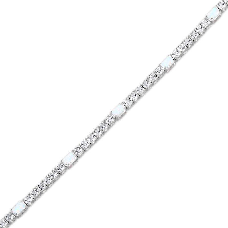 Main Image 2 of Emerald-Cut Lab-Created Opal & White Lab-Created Sapphire Station Bracelet Sterling Silver 7.25"