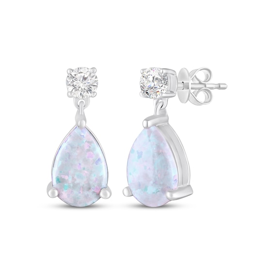 Pear-Shaped Lab-Created Opal & White Lab-Created Sapphire Drop Earrings Sterling Silver