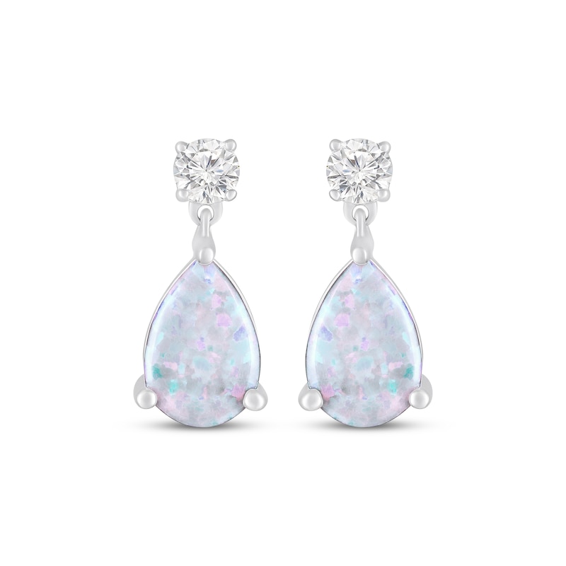 Main Image 2 of Pear-Shaped Lab-Created Opal & White Lab-Created Sapphire Drop Earrings Sterling Silver
