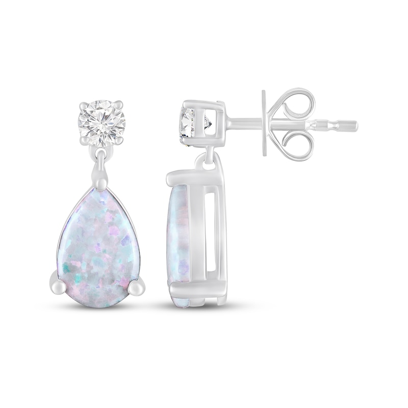 Main Image 3 of Pear-Shaped Lab-Created Opal & White Lab-Created Sapphire Drop Earrings Sterling Silver