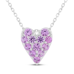 Pink Lab-Created Sapphire Pavé Heart Necklace Sterling Silver 18"