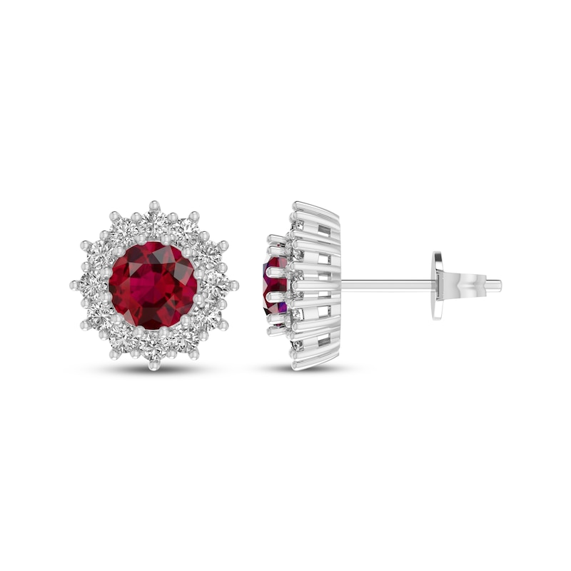 Main Image 1 of Lab-Created Ruby & White Lab-Created Sapphire Starburst Halo Stud Earrings Sterling Silver