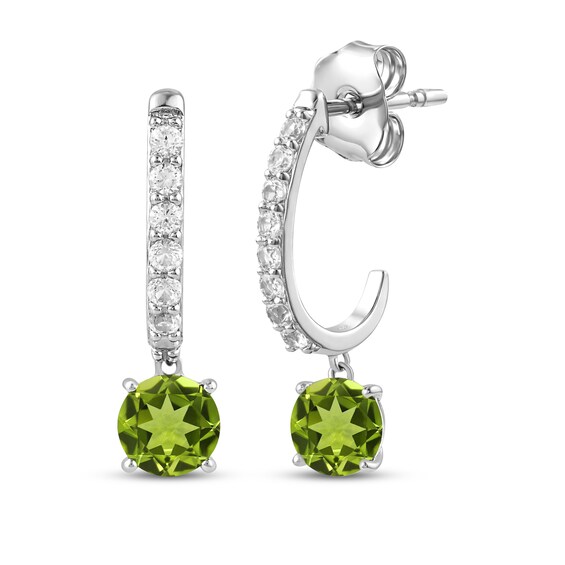 Natural Peridot & White Lab-Created Sapphire J-Hoop Drop Earrings Sterling Silver
