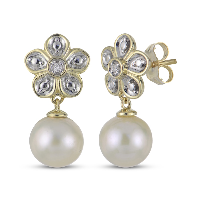 Main Image 1 of Cultured Pearl & Diamond Accent Flower Drop Earrings 10K Yellow Gold