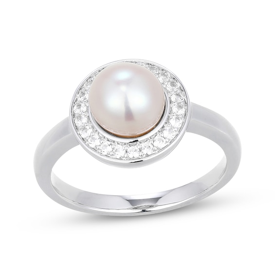 Cultured Pearl & White Lab-Created Sapphire Halo Ring Sterling Silver