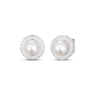 Cultured Pearl & White Lab-Created Sapphire Halo Stud Earrings Sterling Silver