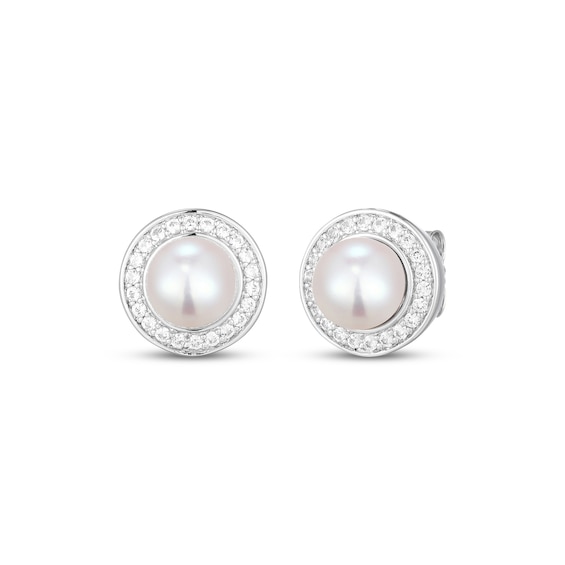 Cultured Pearl & White Lab-Created Sapphire Halo Stud Earrings Sterling Silver