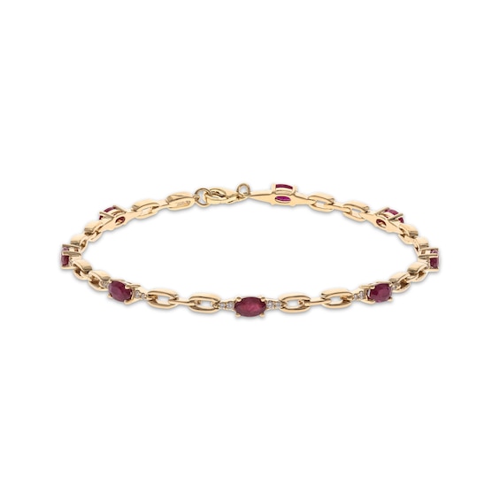 Certified Oval-Cut Natural Ruby & Diamond Link Bracelet 1/5 ct tw 10K Yellow Gold 7.25"