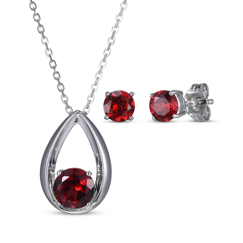 Main Image 1 of Round-Cut Garnet Necklace & Stud Earrings Gift Set Sterling Silver 18"