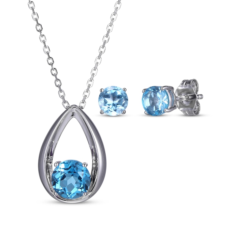 Main Image 1 of Round-Cut Swiss Blue Topaz Necklace & Stud Earrings Gift Set Sterling Silver 18"