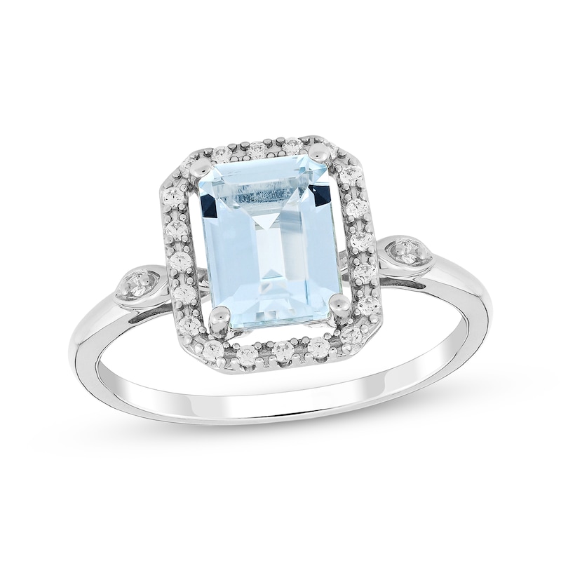 Main Image 1 of Emerald-Cut Aquamarine & Diamond Ring 1/10 ct tw 10K White Gold