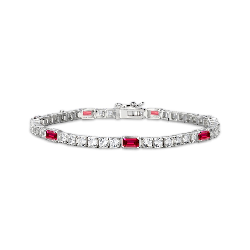 Main Image 1 of Emerald-Cut Lab-Created Ruby & White Lab-Created Sapphire Station Bracelet Sterling Silver 7.25"