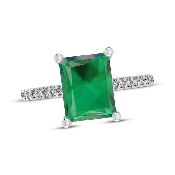 Octagon-Cut Lab-Created Emerald & White Lab-Created Sapphire Ring Sterling Silver