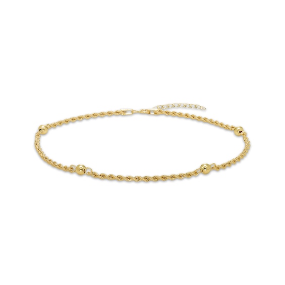 Rope Chain Bead Station Anklet 4mm Semi-Solid 10K Yellow Gold 9"
