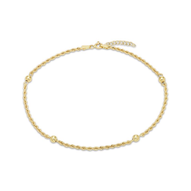 Main Image 2 of Rope Chain Bead Station Anklet 4mm Semi-Solid 10K Yellow Gold 9"