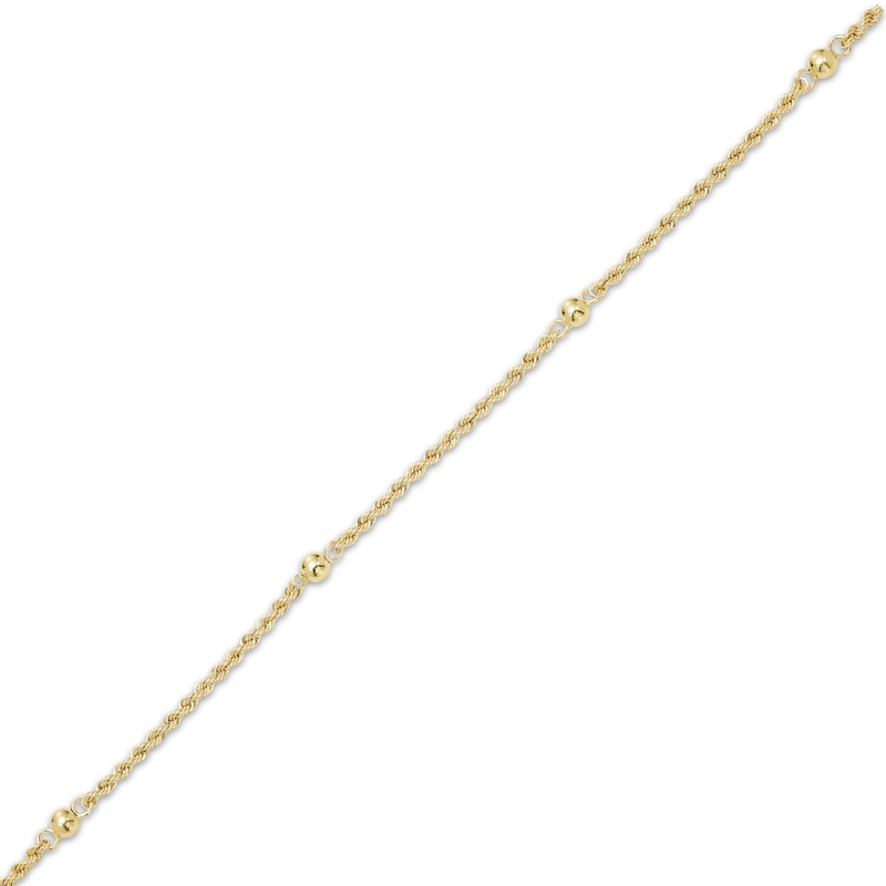 Main Image 3 of Rope Chain Bead Station Anklet 4mm Semi-Solid 10K Yellow Gold 9"