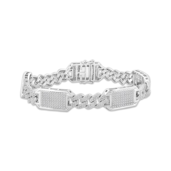 Men's Diamond Rectangle Station Curb Chain Bracelet 2 ct tw Sterling Silver 8.5"