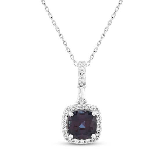 Cushion-Cut Lab-Created Alexandrite & White Lab-Created Sapphire Halo Necklace Sterling Silver 18"