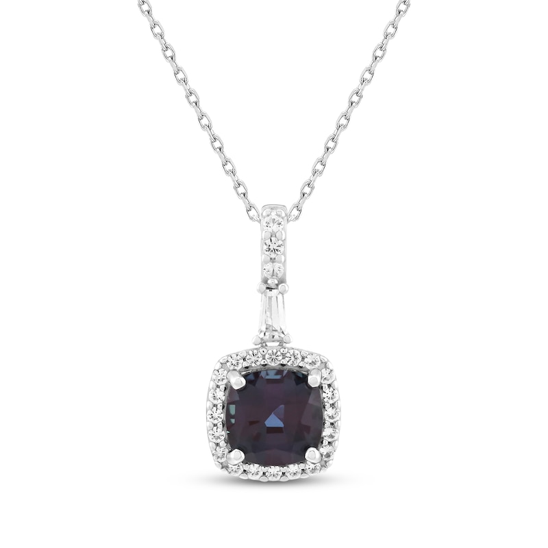 Main Image 1 of Cushion-Cut Lab-Created Alexandrite & White Lab-Created Sapphire Halo Necklace Sterling Silver 18&quot;