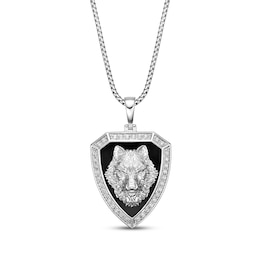 Men's Black Onyx & Diamond Wolf Shield Necklace 1/4 ct tw Sterling Silver 24"