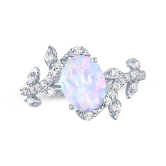 Lab-Created Opal & White Lab-Created Sapphire Leaf Branch Ring Sterling Silver