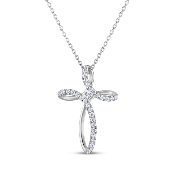 THE LEO Diamond Princess & Round-Cut Looped Cross Necklace 3/8 ct tw 14K White Gold 19"
