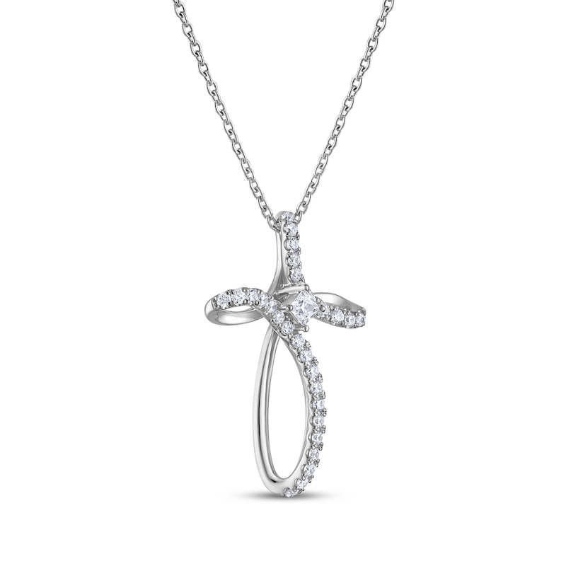 Main Image 2 of THE LEO Diamond Princess & Round-Cut Looped Cross Necklace 3/8 ct tw 14K White Gold 19"