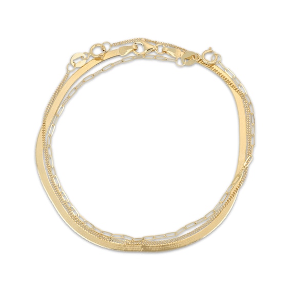 Curb, Herringbone & Paperclip Link Chain Bracelet Set Solid 10K Yellow Gold 7.5"