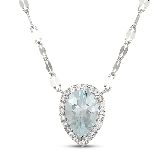 Pear-Shaped Natural Aquamarine & White Lab-Created Sapphire Necklace Sterling Silver 18"