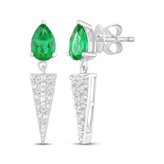 Pear-Shaped Lab-Created Emerald & White Lab-Created Sapphire Drop Earrings Sterling Silver