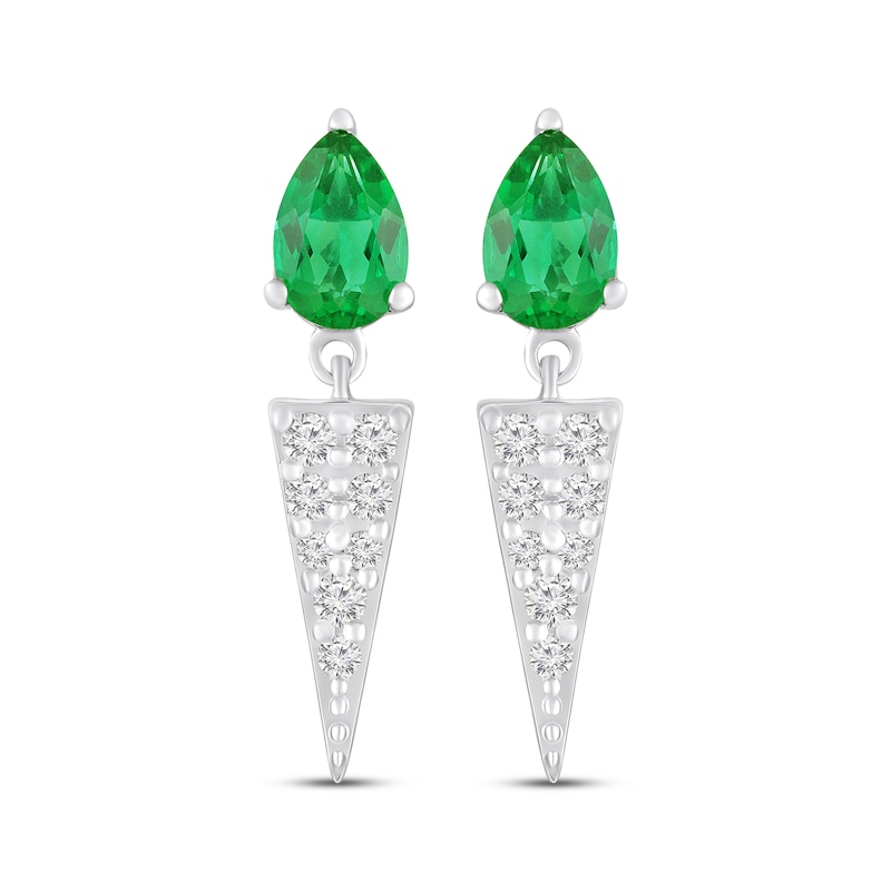 Main Image 2 of Pear-Shaped Lab-Created Emerald & White Lab-Created Sapphire Drop Earrings Sterling Silver