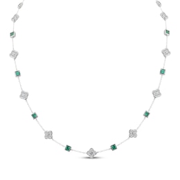 Square-Cut Lab-Created Emerald & White Lab-Created Sapphire Alternating Station Necklace Sterling Silver 18"